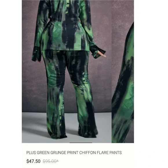 NWT PRETTY LITTLE THING Plus Green Grunge Print Chiffon Flare Pants SIZE 16 - Picture 3 of 8